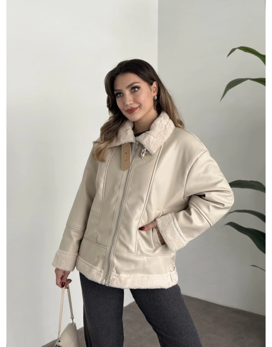 Ara boy dışı deri içi peluş mont taş