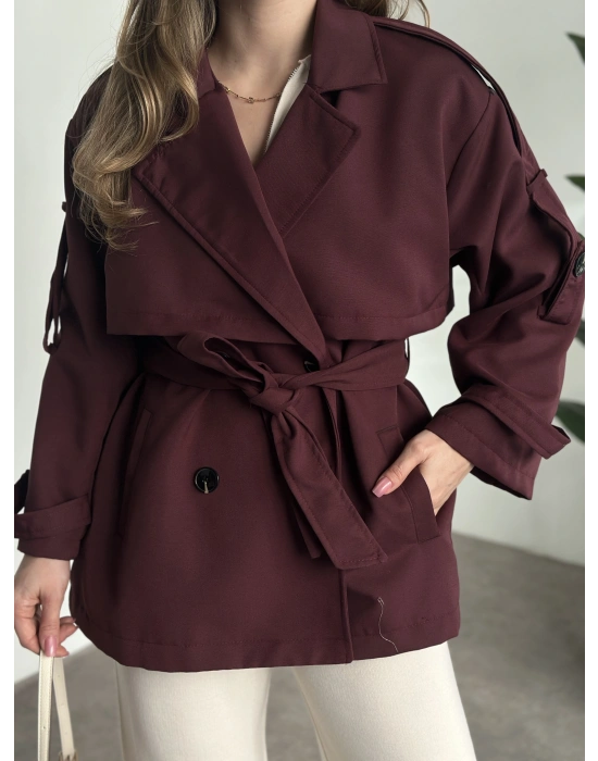 Ara boy düğmeli beli kuşaklı oversize astarlı trençkot bordo
