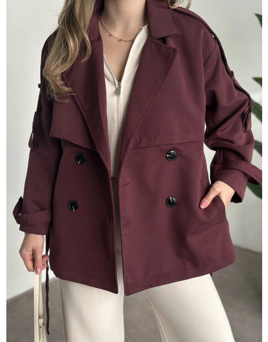 Ara boy düğmeli beli kuşaklı oversize astarlı trençkot bordo