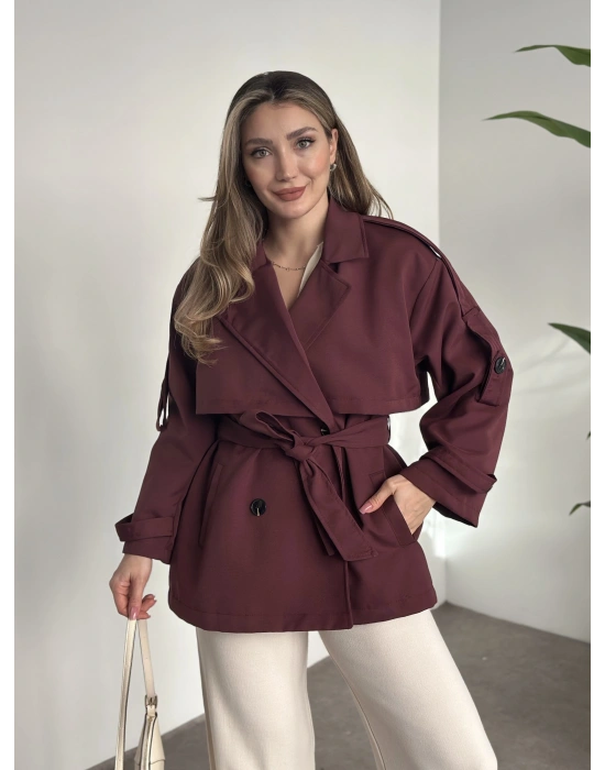 Ara boy düğmeli beli kuşaklı oversize astarlı trençkot bordo