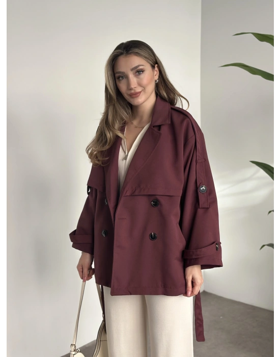 Ara boy düğmeli beli kuşaklı oversize astarlı trençkot bordo