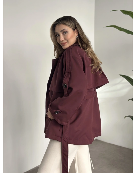 Ara boy düğmeli beli kuşaklı oversize astarlı trençkot bordo