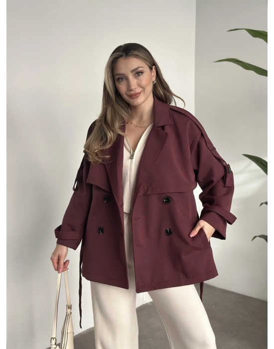 Ara boy düğmeli beli kuşaklı oversize astarlı trençkot bordo