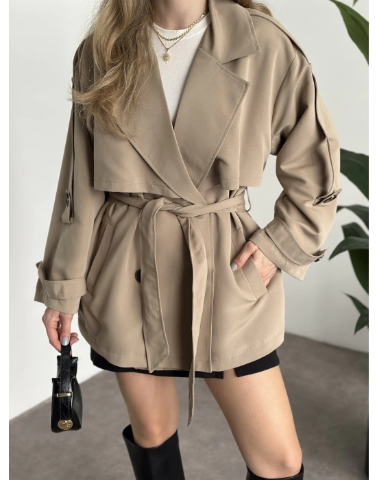 Ara boy düğmeli beli kuşaklı oversize astarlı trençkot bej