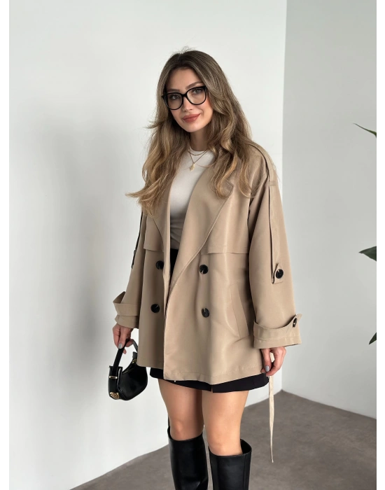 Ara boy düğmeli beli kuşaklı oversize astarlı trençkot bej