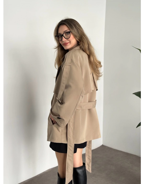 Ara boy düğmeli beli kuşaklı oversize astarlı trençkot bej