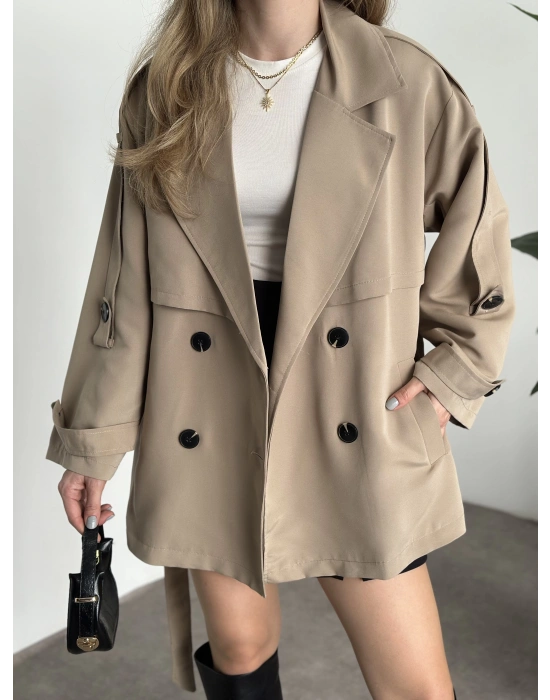 Ara boy düğmeli beli kuşaklı oversize astarlı trençkot bej