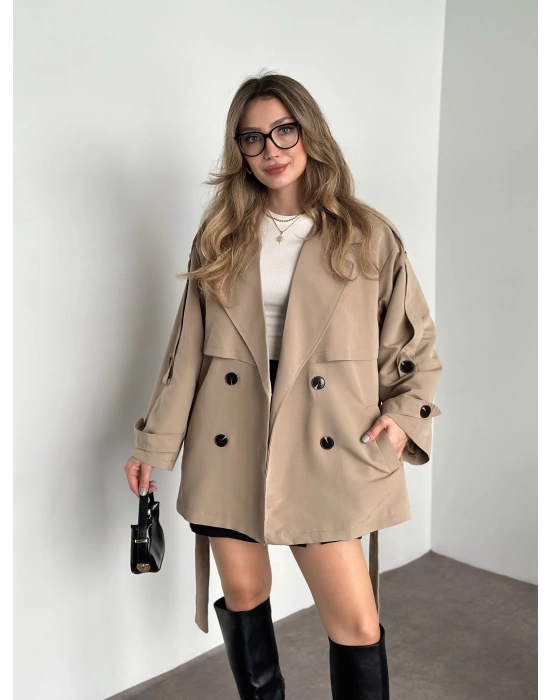 Ara boy düğmeli beli kuşaklı oversize astarlı trençkot bej