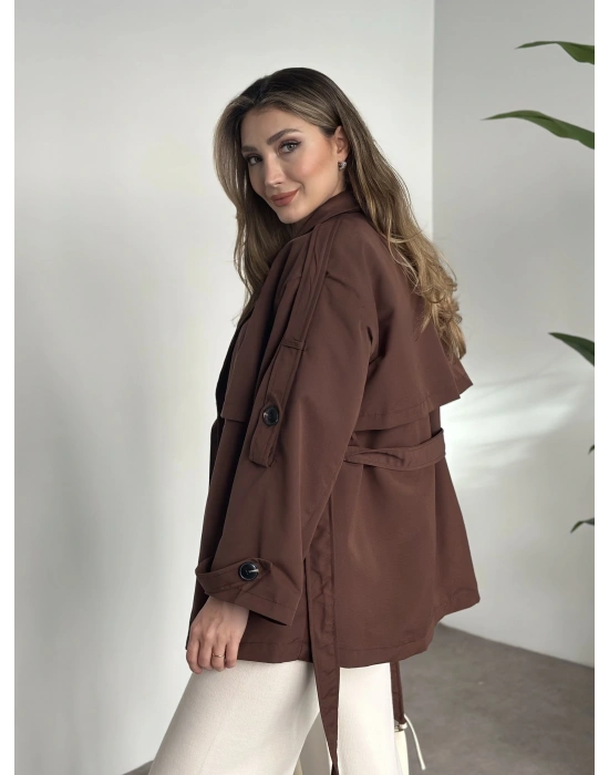 Ara boy düğmeli beli kuşaklı oversize astarlı trençkot kahve