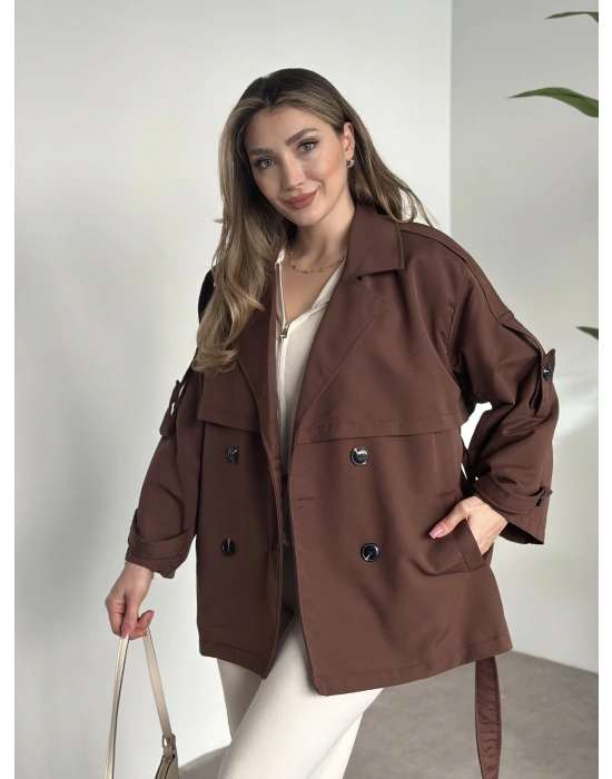 Ara boy düğmeli beli kuşaklı oversize astarlı trençkot kahve
