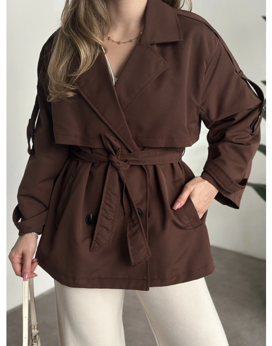 Ara boy düğmeli beli kuşaklı oversize astarlı trençkot kahve
