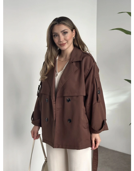 Ara boy düğmeli beli kuşaklı oversize astarlı trençkot kahve