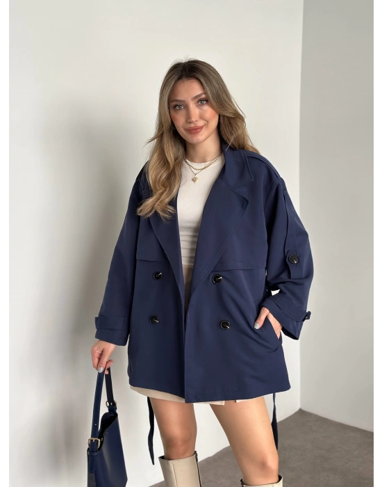 Ara boy düğmeli beli kuşaklı oversize astarlı trençkot lacivert