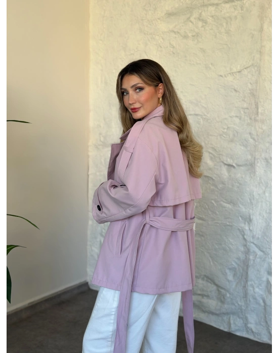 Ara boy düğmeli beli kuşaklı oversize astarlı trençkot pembe