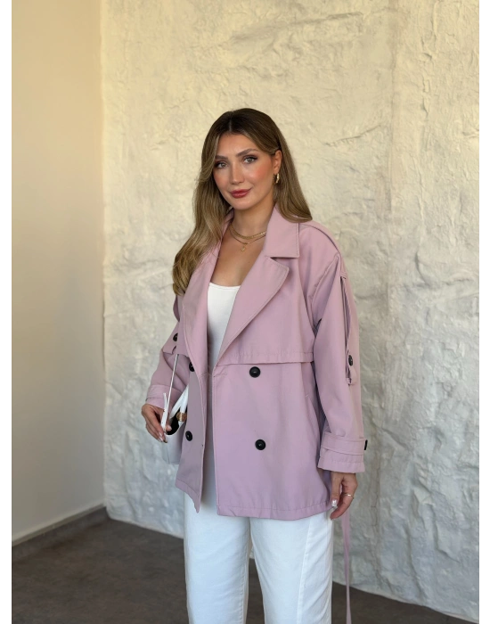Ara boy düğmeli beli kuşaklı oversize astarlı trençkot pembe