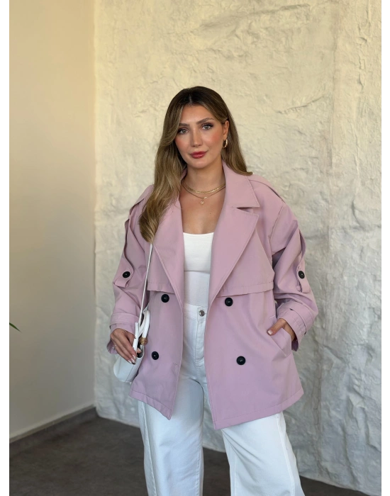 Ara boy düğmeli beli kuşaklı oversize astarlı trençkot pembe