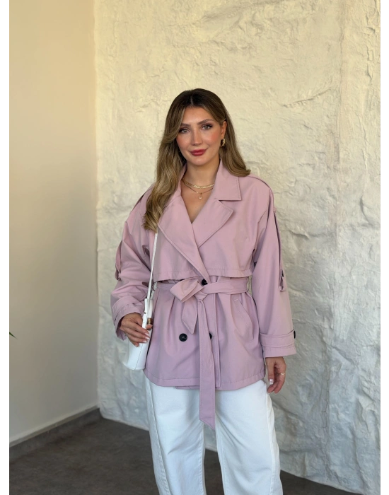Ara boy düğmeli beli kuşaklı oversize astarlı trençkot pembe