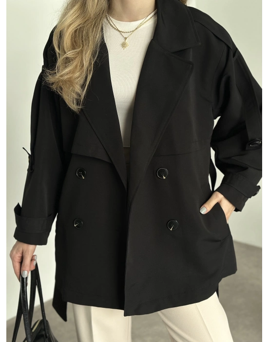 Ara boy düğmeli beli kuşaklı oversize astarlı trençkot siyah