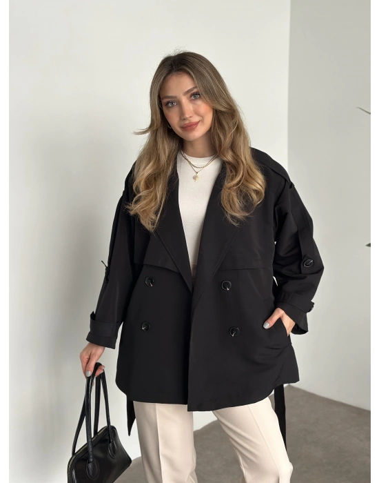 Ara boy düğmeli beli kuşaklı oversize astarlı trençkot siyah