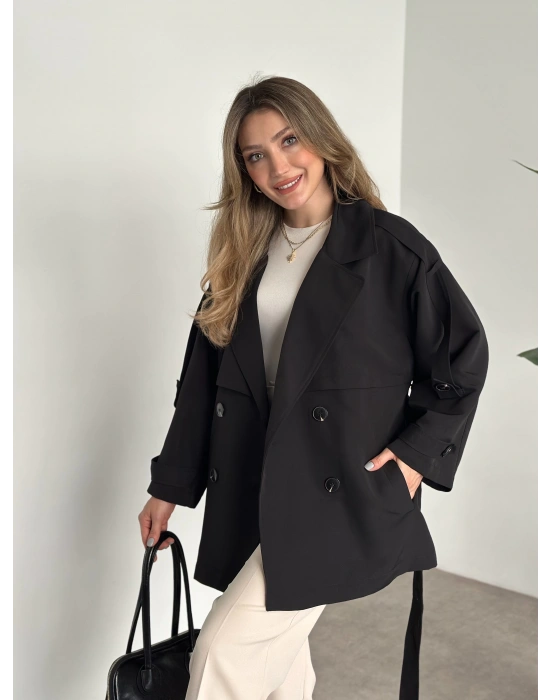 Ara boy düğmeli beli kuşaklı oversize astarlı trençkot siyah