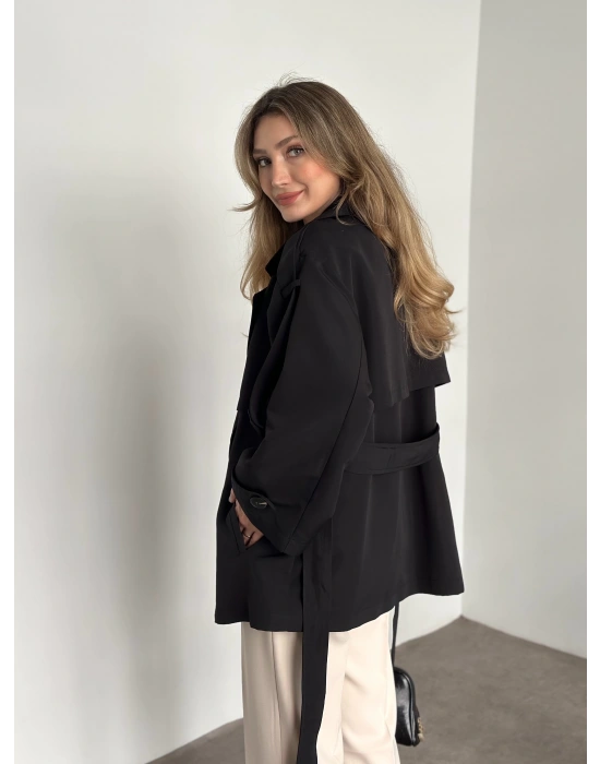 Ara boy düğmeli beli kuşaklı oversize astarlı trençkot siyah