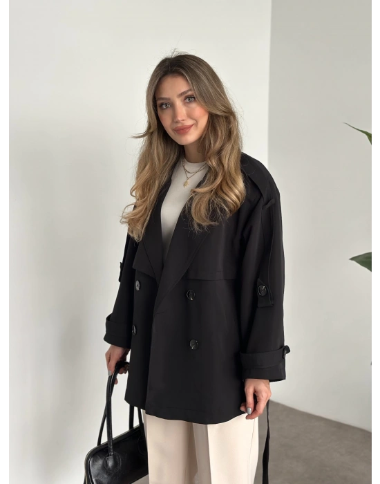 Ara boy düğmeli beli kuşaklı oversize astarlı trençkot siyah