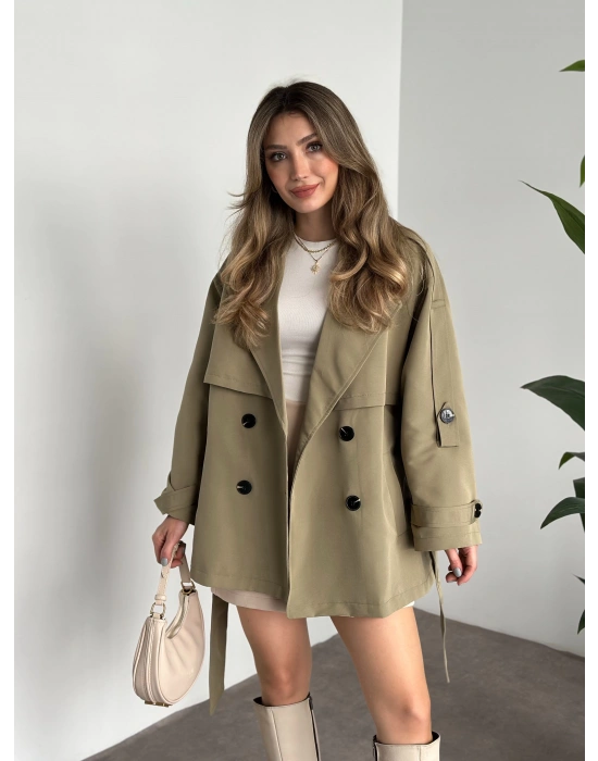 Ara boy düğmeli beli kuşaklı oversize astarlı trençkot yeşil
