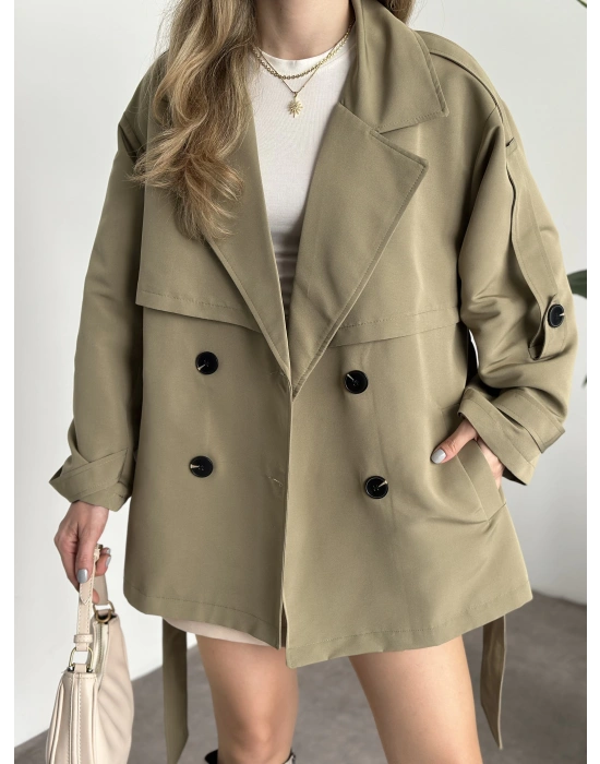 Ara boy düğmeli beli kuşaklı oversize astarlı trençkot yeşil