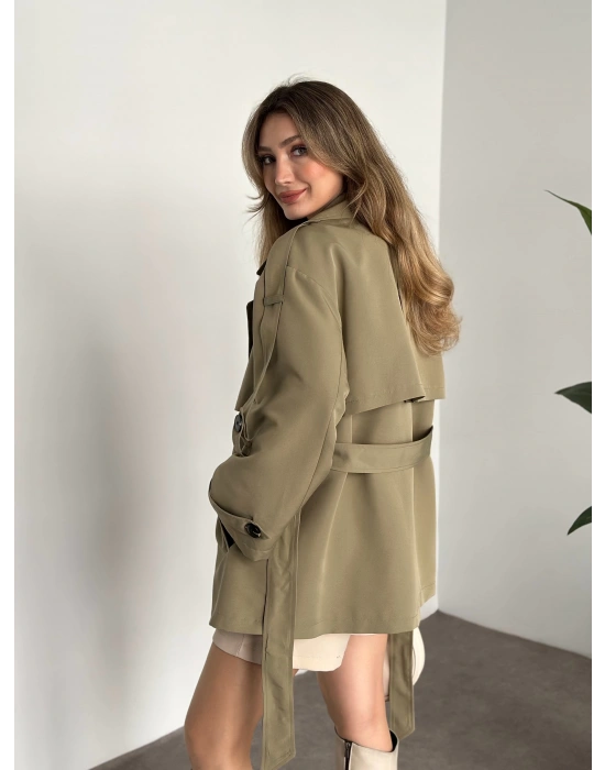 Ara boy düğmeli beli kuşaklı oversize astarlı trençkot yeşil