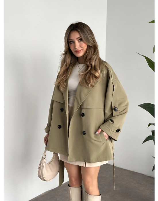 Ara boy düğmeli beli kuşaklı oversize astarlı trençkot yeşil