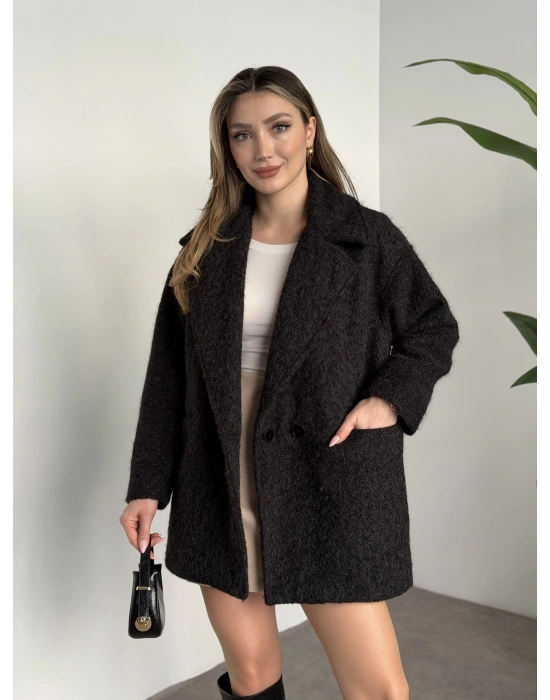 Ara boy düğmeli saçaklı kaşe kaban antrasit