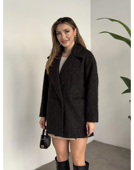 Ara boy düğmeli saçaklı kaşe kaban antrasit