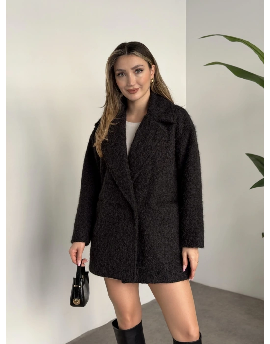 Ara boy düğmeli saçaklı kaşe kaban antrasit