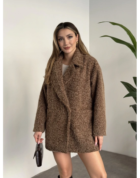 Ara boy düğmeli saçaklı kaşe kaban kahve