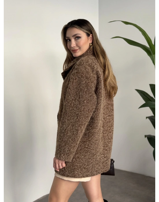 Ara boy düğmeli saçaklı kaşe kaban kahve