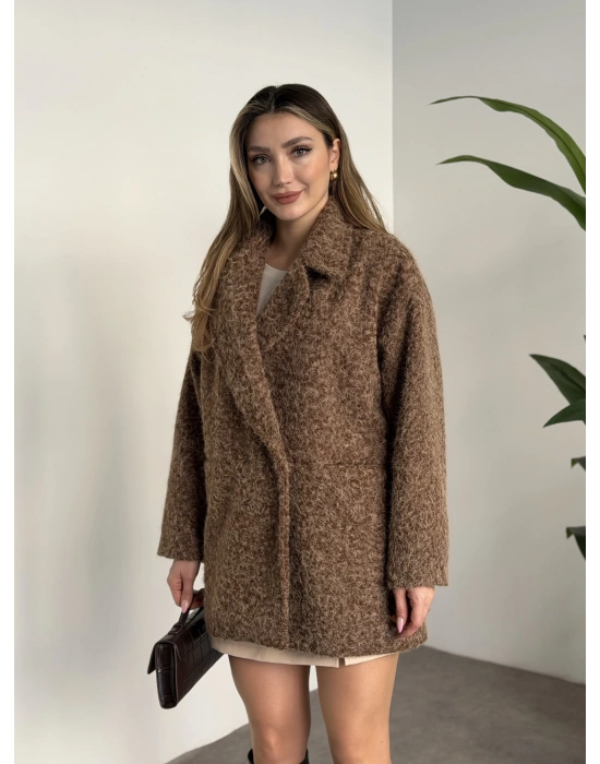 Ara boy düğmeli saçaklı kaşe kaban kahve