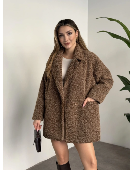 Ara boy düğmeli saçaklı kaşe kaban kahve