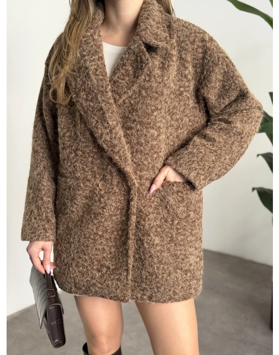 Ara boy düğmeli saçaklı kaşe kaban kahve