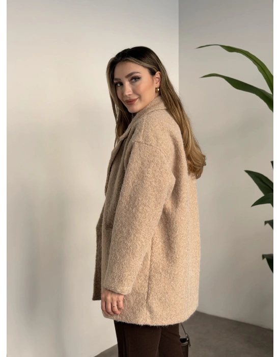 Ara boy düğmeli saçaklı kaşe kaban taş