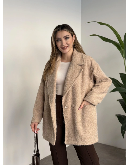 Ara boy düğmeli saçaklı kaşe kaban taş