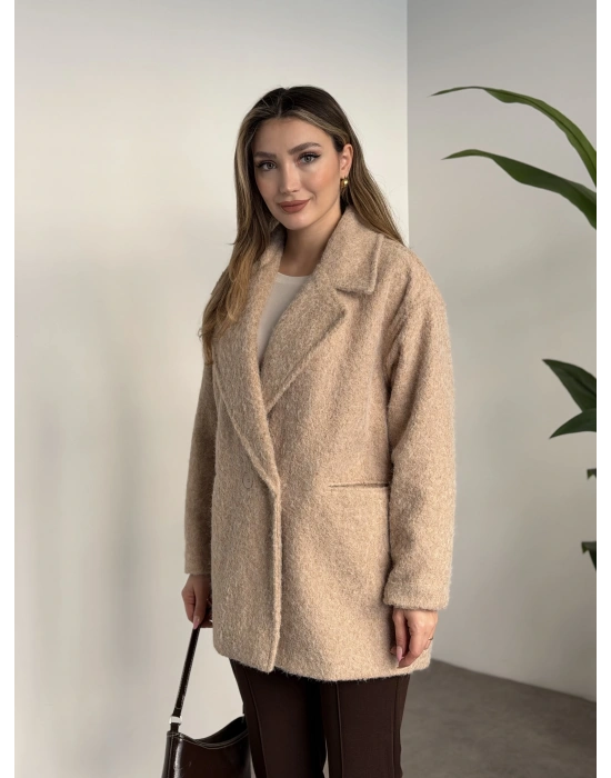 Ara boy düğmeli saçaklı kaşe kaban taş