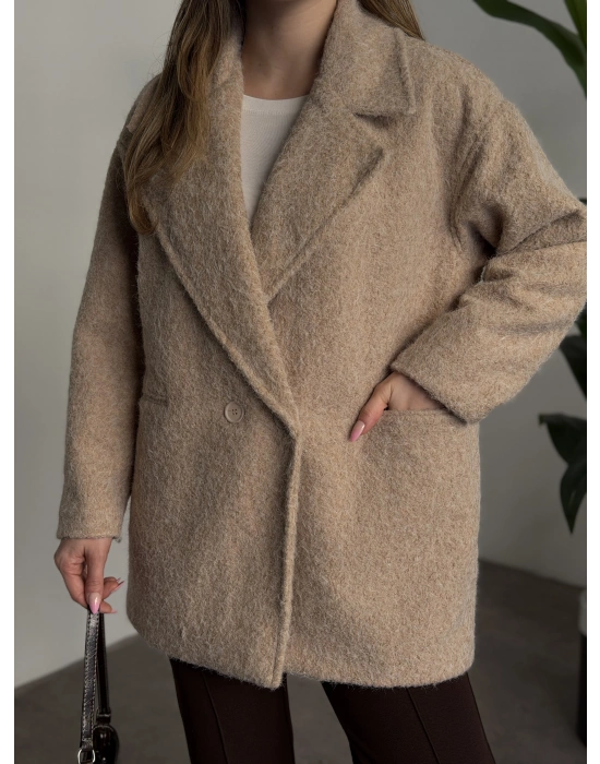 Ara boy düğmeli saçaklı kaşe kaban taş