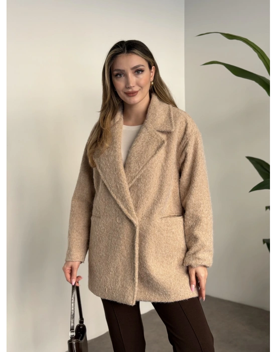 Ara boy düğmeli saçaklı kaşe kaban taş