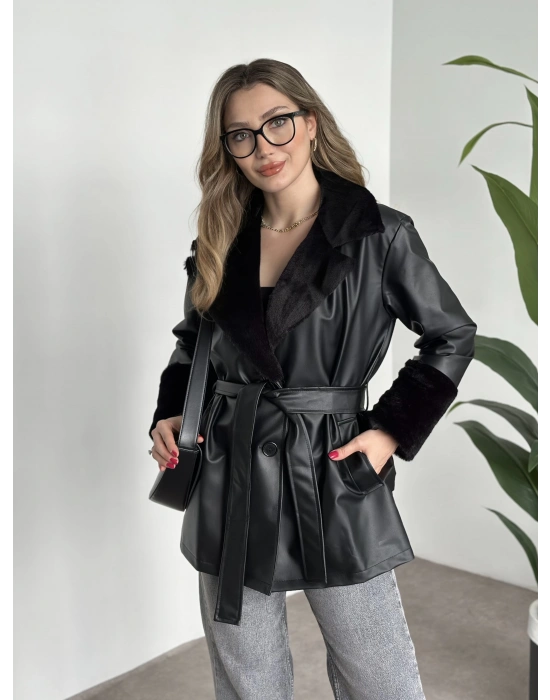 Ara boy yakası kürk detaylı deri trenç