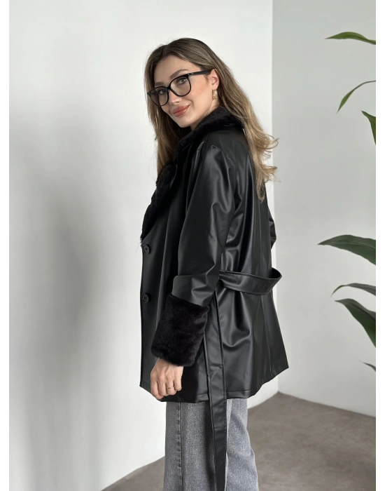 Ara boy yakası kürk detaylı deri trenç