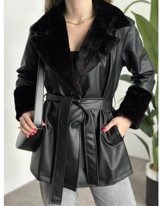 Ara boy yakası kürk detaylı deri trenç