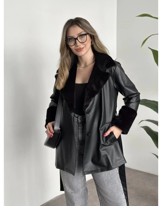 Ara boy yakası kürk detaylı deri trenç