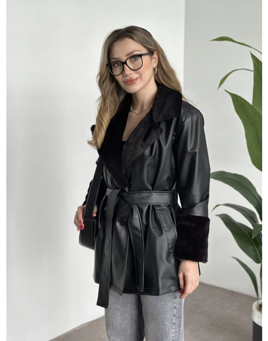 Ara boy yakası kürk detaylı deri trenç