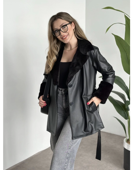 Ara boy yakası kürk detaylı deri trenç