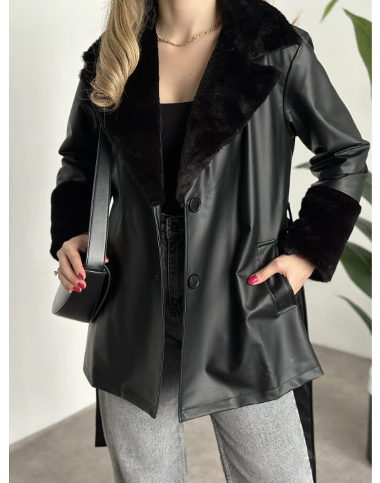 Ara boy yakası kürk detaylı deri trenç